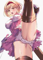 Rule 34 | 1girl, absurdres, blonde hair, breasts, brown eyes, chiharudaaaaaaa, djeeta (granblue fantasy), dress, fighting stance, gloves, granblue fantasy, hairband, high kick, highres, kicking, medium breasts, open mouth, pink dress, pink hairband, short hair, simple background, solo, split, standing, standing on one leg, standing split, sweat, thighhighs, thighs