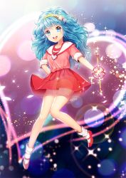 Rule 34 | 1girl, :d, artist name, blue eyes, blue hair, hairband, hand on own hip, heart, long hair, magical girl, mahou no yousei persia, mary janes, matching hair/eyes, open mouth, persia (mahou no yousei persia), pink shirt, saban, shirt, shoes, skirt, sleeves rolled up, smile, socks, solo, sparkle, star (symbol), wand