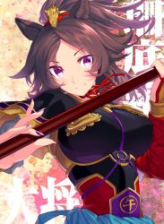 Rule 34 | 1girl, animal ears, blew andwhite, breasts, brown hair, character name, chinese zodiac, gender request, genderswap, highres, horse, large breasts, looking at viewer, nail polish, original, polearm, ponytail, purple eyes, purple nails, sandilya (buddhism), smile, solo, upper body, weapon