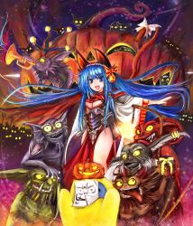 Rule 34 | 10s, 1girl, animal ears, armor, bad id, bad pixiv id, blue hair, breasts, cape, cleavage, dot heit, fire, genderswap, genderswap (mtf), gift, gnarl, halloween, headphones, instrument, jack-o&#039;-lantern, light, long hair, medium breasts, minion (overlord), musical note, night, open mouth, overlord (arpg), overlord (character), photo (object), pumpkin, quaver, quaver (overlord), ribbon, roderick bodkin, smile, st-ko, star (symbol), steam (platform), tail, trumpet, wolf ears