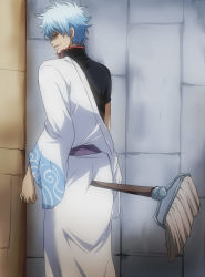 Rule 34 | 1boy, anal, anal object insertion, bad id, bad pixiv id, broom, comedic object insertion, gintama, high collar, japanese clothes, male focus, male penetrated, maruki (punchiki), object insertion, sakata gintoki, shaded face, silver hair, solo