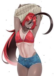 1girl ahoge armpits arms_up black_hair blue_eyes blue_shorts bra breasts cleavage closed_mouth commentary cowboy_shot dark-skinned_female dark_skin denim denim_shorts expressionless grey_sweater hair_between_eyes hair_intakes heterochromia highres huge_ahoge kimouji long_bangs long_hair looking_down medium_breasts midriff multicolored_hair navel original red_bra red_eyes red_hair short_shorts shorts simple_background solo sweater tan tanline toned_female two-tone_hair underwear undressing white_background