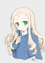 Rule 34 | 1girl, artist name, bc freedom military uniform, blonde hair, blue jacket, blue vest, blush, closed mouth, commentary, cropped arms, cropped torso, dated, dress shirt, drill hair, fork, girls und panzer, green eyes, grey background, high collar, highres, holding, holding fork, jacket, light blush, long hair, long sleeves, looking at viewer, marie (girls und panzer), military, military uniform, one-hour drawing challenge, shirt, signature, simple background, smile, solo, twitter username, umxzo, uniform, vest, white shirt