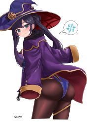 Rule 34 | 1girl, ass, black hair, black pantyhose, blush, breasts, coat, from behind, gahara, genshin impact, gloves, green eyes, hair ornament, hair ribbon, hat, highres, leotard, long hair, looking at viewer, looking back, mona (genshin impact), pantyhose, ribbon, shiny clothes, sideboob, simple background, snowflakes, solo, spoken snowflake, thighlet, twintails, very long hair, white background