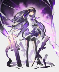 Rule 34 | 1girl, akemi homura, argyle, argyle clothes, argyle legwear, black footwear, black hair, boots, capelet, floating hair, frilled skirt, frills, from side, full body, gun, hand on own arm, high heel boots, high heels, highres, jacket, labroiy, long hair, long sleeves, looking at viewer, magical girl, mahou shoujo madoka magica, mahou shoujo madoka magica (anime), neck ribbon, parted lips, purple background, purple capelet, purple eyes, purple ribbon, purple skirt, ribbon, serious, skirt, solo, standing, thigh boots, watermark, weapon, white background, white jacket