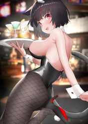 Rule 34 | 1girl, :3, absurdres, animal ears, ass, azur lane, bare arms, bare back, black footwear, black hair, black leotard, blurry, blush, breasts, brown pantyhose, cat ears, cat tail, cotton kanzaki, depth of field, detached collar, drink, fishnet pantyhose, fishnets, fruit punch (drink), high heels, highres, holding, holding tray, large breasts, leotard, nontraditional playboy bunny, open mouth, pantyhose, playboy bunny, red eyes, short hair, solo, strapless, strapless leotard, tail, tray, wrist cuffs, yamashiro (azur lane)