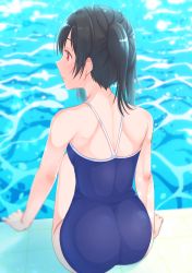 Rule 34 | 1girl, absurdres, ass, black hair, blue one-piece swimsuit, blurry, blurry background, caustics, closed mouth, competition school swimsuit, day, highres, kobayashi nyoromichi, long hair, love live!, love live! school idol project, one-piece swimsuit, outdoors, parted bangs, poolside, profile, red eyes, school swimsuit, shoulder blades, sitting, soaking feet, solo, swimsuit, twintails, wide hips, yazawa nico