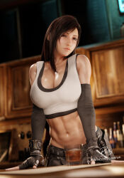 Rule 34 | 1girl, 3d, abs, alcohol, bar (place), bare shoulders, billyhhyb, black hair, blurry, blurry background, breasts, cleavage, elbow sleeve, final fantasy, final fantasy vii, final fantasy vii remake, gloves, highres, large breasts, long hair, midriff, muscular, muscular female, navel, parted lips, patreon username, pink lips, red eyes, seductive smile, signature, skirt, smile, solo, tank top, tifa lockhart, toned