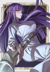 Rule 34 | 1girl, blunt bangs, breasts, collar, dress, fern (sousou no frieren), frilled collar, frills, hair ornament, highres, holding, holding staff, large breasts, long hair, long sleeves, looking at viewer, mage staff, ntn00a, open mouth, purple eyes, purple hair, purple pupils, sidelocks, solo, sousou no frieren, staff, straight hair, white dress, wooden staff