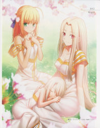 Rule 34 | 10s, 2012, 3girls, absurdres, ahoge, albino, artoria pendragon (all), artoria pendragon (fate), blonde hair, breasts, cherry blossoms, child, cleavage, dress, fate/stay night, fate/zero, fate (series), female focus, flower, gradient background, green eyes, hair ribbon, highres, illyasviel von einzbern, irisviel von einzbern, irisviel von einzbern (angel&#039;s song), lap pillow, long hair, looking at viewer, medium breasts, multiple girls, official art, outdoors, red eyes, ribbon, saber (fate), scan, shy, sitting, sleeping, small breasts, smile, takeuchi takashi, very long hair, white hair