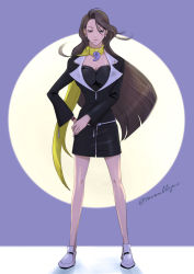 Rule 34 | 1girl, ace attorney, black skirt, breasts, brown hair, cleavage, formal, hair between eyes, hand on own hip, large breasts, long hair, long sleeves, magatama, mia fey, miniskirt, mole, mole under mouth, scarf, simple background, skirt, solo, suit, twitter username, wakadori, white footwear, yellow scarf
