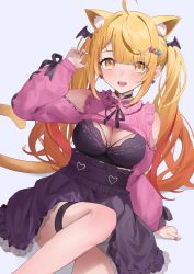 Rule 34 | 1girl, :d, ahoge, animal ear fluff, animal ears, arm support, black bra, blonde hair, blunt bangs, blush, bra, breasts, cat ears, cat tail, cleavage, clothes lift, earrings, extra ears, frilled skirt, frills, heart, heart earrings, high-waist skirt, highres, hololive, jewelry, jirai kei, jmao, long hair, long sleeves, looking at viewer, medium breasts, nail polish, open mouth, pink nails, pink sweater, simple background, sitting, skirt, smile, solo, suspender skirt, suspenders, sweater, sweater lift, tail, thigh strap, twintails, underwear, very long hair, virtual youtuber, yellow eyes, yozora mel, yozora mel (jirai kei)
