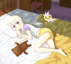 Rule 34 | 1girl, bed, fate/kaleid liner prisma illya, fate (series), illyasviel von einzbern, indoors, koishi (pxvtake), long hair, looking at viewer, lying, magical ruby, on side, purple eyes, silver hair, solo, stuffed animal, stuffed toy, teddy bear