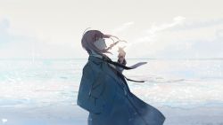 Rule 34 | 1girl, beach, black coat, black necktie, braid, braided ponytail, chainsaw man, cigarette, coat, collared shirt, hand in pocket, holding, holding cigarette, leaning back, long coat, long hair, looking up, makima (chainsaw man), muted color, necktie, ohisama33ohayo3, red hair, shirt, sidelocks, simple background, sky, smoke, smoking, solo, water, white shirt, yellow eyes
