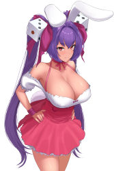 Rule 34 | 1girl, absurdres, aloe (sos961111), animal ears, bow, breasts, choker, cleavage, closed mouth, dark-skinned female, dark skin, di gi charat, dice hair ornament, hair bow, hair ornament, hands on own hips, highres, huge breasts, large breasts, long hair, looking at viewer, purple bow, purple hair, rabbit ears, red choker, red eyes, red ribbon, ribbon, ribbon choker, simple background, smile, solo, twintails, usada hikaru, very long hair, white background