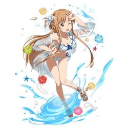 Rule 34 | 1girl, ;d, arm up, asuna (sao), bikini, blue flower, blue ribbon, breasts, brown eyes, brown hair, cleavage, feather hair ornament, feathers, floating hair, flower, front-tie bikini top, front-tie top, full body, green flower, hair flower, hair ornament, heart, heart necklace, hibiscus, leaning forward, leg up, long hair, medium breasts, navel, necklace, official art, one eye closed, open mouth, pink flower, red flower, ribbon, rose, see-through, side-tie bikini bottom, simple background, smile, solo, swimsuit, sword art online, sword art online: code register, very long hair, water, white background, white bikini, white feathers, white flower, white rose, yellow flower