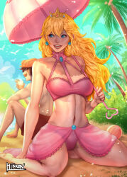 Rule 34 | 1boy, 1girl, arm at side, artist name, barefoot, bikini, blonde hair, breasts, brooch, brown hair, collarbone, crown, cup, day, drink, drinking glass, earrings, facial hair, fingernails, hand up, hat, hibren, highres, holding, holding cup, holding umbrella, jewelry, knees up, large breasts, lips, long hair, male swimwear, mario, mario (series), mustache, nail polish, navel, nintendo, on ground, open mouth, outdoors, palm tree, parasol, pink bikini, pink nails, princess peach, red male swimwear, red swim trunks, sand, sitting, smile, solo focus, sphere earrings, stomach, super mario bros. 1, swim trunks, swimsuit, tree, turtleneck, umbrella, very long hair, water