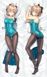 Rule 34 | 1girl, ahoge, armpits, arms behind head, arms up, artoria pendragon (all), artoria pendragon (fate), artoria pendragon (swimsuit ruler) (fate), ass, bare arms, bare shoulders, bed sheet, black bow, bow, bowtie, breasts, brown pantyhose, commentary request, covered navel, dakimakura (medium), fate/grand order, fate (series), from above, full body, gluteal fold, grey eyes, hair bow, highres, koyuki (kotatsu358), large breasts, light brown hair, long sleeves, looking at viewer, lying, multiple views, okita souji (fate), okita souji (koha-ace), on back, one-piece swimsuit, open clothes, open shirt, pantyhose, pantyhose under swimsuit, school swimsuit, school uniform, shirt, short hair, skirt, unworn skirt, swimsuit, swimsuit under clothes, white shirt