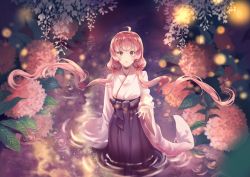 Rule 34 | 1girl, :o, ahoge, cangchen, flower, long hair, looking at viewer, original, outstretched hand, pink flower, pink hair, red eyes, ripples, solo, twintails, very long hair, wading, water, wide sleeves