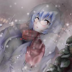 Rule 34 | 1girl, @shun, ayanami rei, blue hair, blush, earmuffs, glasses, hair between eyes, jewelry, necklace, neon genesis evangelion, red eyes, red scarf, scarf, short hair, snowing, solo, winter clothes