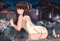 Rule 34 | 1girl, absurdres, alcohol, alternate hairstyle, ass, bath, bathing, bent over, blue eyes, blush, bottle, breasts, brown hair, bucket, cloud, commentary request, cowboy shot, from behind, from side, hair between eyes, hair over shoulder, highres, idolmaster, idolmaster cinderella girls, large breasts, long hair, looking at viewer, naked towel, night, night sky, norazura, onsen, open mouth, outdoors, rock, sagisawa fumika, sake, sake bottle, sidelocks, sky, solo, star (sky), starry sky, steam, thighs, tokkuri, towel, wading, water, wet