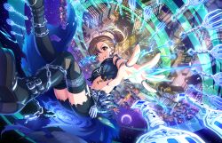 Rule 34 | 1girl, boots, brown eyes, brown hair, chain, cityscape, crescent moon, earrings, fork, game cg, hair ornament, high heel boots, high heels, hori yuko, idolmaster, idolmaster cinderella girls, idolmaster cinderella girls starlight stage, jewelry, magic, moon, nail polish, navel, official art, ponytail, short shorts, shorts, solo, thigh boots