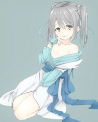 Rule 34 | 1girl, alp, areola slip, bare shoulders, between legs, blue background, finger to mouth, flat chest, grey hair, hair ribbon, hand between legs, japanese clothes, looking at viewer, nipples, oda nobuna no yabou, onmyouji, ribbon, short hair, simple background, solo, takenaka hanbee (oda nobuna no yabou), twintails, yellow eyes