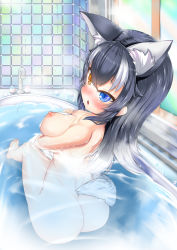 Rule 34 | 1girl, absurdres, animal ears, ass, bath, bathing, bathroom, blue eyes, blush, breasts, bubble, commentary, commentary request, covering privates, extra ears, grey wolf (kemono friends), heterochromia, highres, indoors, kemono friends, large breasts, looking at viewer, looking back, multicolored eyes, multicolored hair, nipples, nude, open mouth, partially submerged, sitting, soap bubbles, solo, tail, two-tone hair, water, wolf ears, wolf girl, wolf tail, yellow eyes, yeo arin