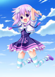 Rule 34 | 10s, 1girl, :d, arms up, blush, bracelet, d-pad, dress, female focus, hair ornament, jewelry, kami jigen game neptune v, neptune (neptunia), neptune (series), open mouth, purple eyes, purple hair, short hair, smile, socks, solo, striped clothes, striped socks, striped thighhighs, taka (suigendou), thighhighs