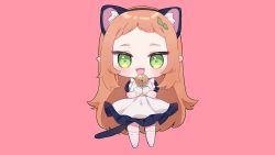 Rule 34 | 1girl, :3, :d, animal ear fluff, animal ears, apron, bell, black dress, black hairband, blush, brown hair, cat ears, cat tail, cheli (kso1564), commentary request, copyright request, dress, fake animal ears, fangs, frilled apron, frills, full body, gloves, green eyes, hair ornament, hairband, highres, jingle bell, leaf hair ornament, long hair, looking at viewer, maid, maid apron, official art, open mouth, pink background, pointy ears, puffy short sleeves, puffy sleeves, short sleeves, simple background, smile, solo, standing, tail, very long hair, white gloves, white legwear
