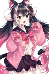Rule 34 | 1girl, 8931ponzu, animal ears, bell, black hair, colored tips, commission, crescent, crescent hair ornament, green eyes, hair ornament, hairclip, indie virtual youtuber, long hair, long sleeves, multicolored hair, open mouth, pink hair, pom pom (clothes), pom pom hair ornament, qiu yue (vtuber), red eyes, sailor collar, skeb commission, sleeves past fingers, sleeves past wrists, tail, tail ornament, twintails, virtual youtuber, white hair, white legwear
