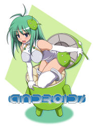 Rule 34 | 1girl, :d, android, android-tan, android (os), antenna hair, bad id, bad pixiv id, bare shoulders, bent over, blue eyes, blush, breasts, copyright name, elbow gloves, from above, from side, gloves, green hair, hair ornament, halterneck, highres, ishida seito, kemeko deluxe, large breasts, leotard, logo, long hair, looking at viewer, mecha, open mouth, os-tan, parody, personification, pilot suit, robo (chrono trigger), robot, smile, solo, turtleneck, white gloves, white legwear
