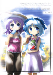 Rule 34 | 2girls, alternate costume, blush, casual, cirno, contemporary, day, eating, english text, food, frog, highres, ice cream, kooribata, letty whiterock, morogami ryou, multiple girls, outdoors, outline, popsicle, shaved ice, standing, touhou