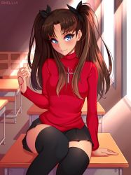 Rule 34 | 1girl, absurdres, arm support, artist name, black hair, black skirt, black thighhighs, blue eyes, chair, classroom, command spell, cross, desk, fate/stay night, fate (series), hair ribbon, head tilt, highres, indoors, long hair, long sleeves, looking at viewer, miniskirt, on desk, parted bangs, pleated skirt, red ribbon, red shirt, ribbon, school chair, school desk, shellvi, shirt, sitting, on desk, skirt, smile, solo, thighhighs, tohsaka rin, turtleneck, two side up, zettai ryouiki