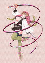 Rule 34 | 1girl, absurdres, arm up, belt, black jacket, black skirt, braid, breasts, closed mouth, commentary, demon slayer uniform, eyeliner, gradient hair, green eyes, green hair, green thighhighs, haori, highres, holding, holding sword, holding weapon, jacket, japanese clothes, kanroji mitsuri, katana, kimetsu no yaiba, large breasts, leg up, long hair, long sleeves, looking at viewer, low twin braids, makeup, microskirt, mole, mole under each eye, mole under eye, multicolored hair, multiple moles, open clothes, open jacket, patterned background, pink hair, pinky out, sandals, scabbard, sheath, skirt, smile, solo, standing, standing on one leg, sword, thighhighs, twin braids, unsheathed, weapon, white belt, white footwear, yagasuri, zephda