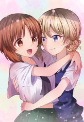 Rule 34 | 2girls, :d, arms around neck, arms around waist, blonde hair, blouse, blue eyes, blue sweater, braid, braided bun, brown eyes, brown hair, closed mouth, commentary request, darjeeling (girls und panzer), dress shirt, girls und panzer, green skirt, hair bun, highres, hug, light particles, long sleeves, looking at another, midriff peek, multiple girls, neckerchief, nishizumi miho, ooarai school uniform, open mouth, pleated skirt, rurikoke, sailor collar, school uniform, serafuku, shirt, short hair, short sleeves, skirt, smile, st. gloriana&#039;s school uniform, summer uniform, sweater, sweater vest, upper body, white sailor collar, white shirt, wing collar, yuri