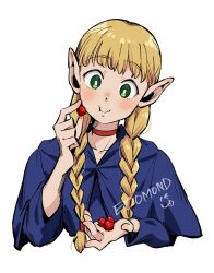 Rule 34 | 1girl, artist name, berry, blonde hair, blue robe, braid, choker, dungeon meshi, edomon-do, elf, food, green eyes, highres, holding, holding food, hooded robe, long hair, marcille donato, pointy ears, red choker, robe, simple background, solo, twin braids, white background