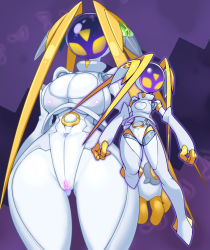 Rule 34 | 1girl, android, breasts, censored, colored skin, elbow gloves, fewer digits, fingerless gloves, gloves, heart, heart censor, jalopy (pochincoff), large breasts, looking at viewer, multiple views, original, pochincoff, pussy, robot, thighhighs, twintails, white skin, yellow eyes, zoom layer