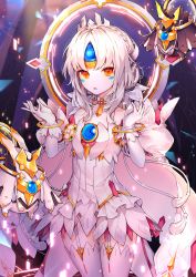 Rule 34 | absurdres, bad id, bad twitter id, bare shoulders, braid, cloak, code: esencia (elsword), crown, detached sleeves, drone, elsword, energy, eve (elsword), facial mark, forehead jewel, gem, gloves, ha youn, highres, moby (elsword), open mouth, remy (elsword), ringlets, silver hair, solo, yellow eyes