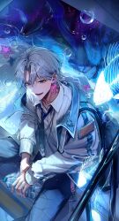 Rule 34 | 2boys, absurdres, bishounen, blue eyes, blue necktie, blue pants, bubble, chain, collared shirt, commentary request, earclip, eumi 114, fish, grey hair, highres, jacket, jellyfish earrings, long sleeves, male focus, multiple boys, necktie, off shoulder, open clothes, open jacket, open mouth, original, pants, reflection, shirt, short hair, sitting, smile, solo focus, starfish, white jacket, white shirt