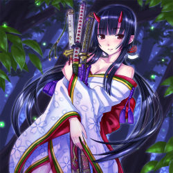 Rule 34 | 1girl, bare shoulders, black hair, blush, breasts, character request, cleavage, collarbone, highres, holding, horns, japanese clothes, katana, kimono, leaf, long hair, looking at viewer, obi, red eyes, sash, shimano natsume, shingoku no valhalla gate, sidelocks, smile, solo, suzuka gozen, sword, weapon
