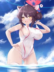 Rule 34 | 1girl, absurdres, ahoge, animal ears, blue archive, breasts, brown hair, fang, flower, hair flower, hair ornament, halo, hand on own hip, highres, kaede (blue archive), large breasts, nekodama2000, ocean, one-piece swimsuit, open mouth, oppai loli, skin fang, smile, solo, swimsuit, thighhighs, yellow eyes