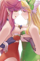 Rule 34 | 2boys, 2girls, angela (seiken densetsu 3), armor, between breasts, black gloves, blonde hair, blue eyes, blush, breast press, breasts, cleavage, commentary request, duran (seiken densetsu 3), earrings, fingerless gloves, from side, frown, gem, giant, giantess, gloves, green armor, green eyes, half updo, hawkeye (seiken densetsu 3), helmet, highres, jewelry, long hair, medium breasts, mini person, miniboy, mizuno (pixiv31352320), multiple boys, multiple girls, open mouth, pauldrons, person between breasts, pointy ears, profile, red gemstone, red hair, riesz, seiken densetsu, seiken densetsu 3, shoulder armor, sideways mouth, simple background, smile, standing, swept bangs, symmetrical docking, very long hair, white background, wide-eyed, winged helmet