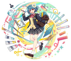 Rule 34 | 1girl, bag, black jacket, blazer, blue hair, bow, bowtie, breasts, brown bag, brown footwear, cardigan, chalk, commentary request, eraser, full body, gold trim, grey skirt, hair ornament, hand up, head tilt, highres, holding, holding stylus, inkwell, jacket, loafers, looking at viewer, magnifying glass, manga (object), marker, medium breasts, notebook, nou (nounknown), open clothes, open jacket, open mouth, original, paint, paint can, paint tube, paintbrush, pen, pencil, pencil case, personification, petals, plaid, plaid skirt, pleated skirt, rainbow, red bow, red bowtie, red eyes, school bag, scissors, shoes, short hair, simple background, skirt, smile, socks, solo, stylus, tablet pc, teeth, upper teeth only, white background, white socks, yellow cardigan