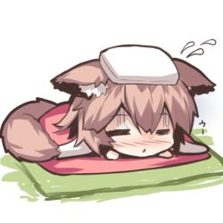 Rule 34 | 1girl, :&lt;, animal ears, blush, brown hair, chibi, closed eyes, closed mouth, facing viewer, flying sweatdrops, fox ears, fox girl, fox tail, futon, hair between eyes, lying, nose blush, on stomach, original, sick, solo, tail, towel, towel on head, under covers, yuuji (yukimimi)