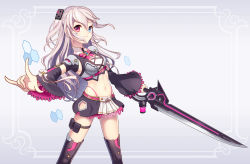 Rule 34 | 1girl, armor, black thighhighs, blue eyes, bow, bowtie, breasts, brooch, closed mouth, clothing cutout, cowboy shot, crop top, cross-laced clothes, detached sleeves, energy sword, facepaint, facial mark, gem, grey hair, hair between eyes, hair ornament, hands up, heterochromia, highleg, highleg panties, highres, holding, holding sword, holding weapon, holster, jewelry, lace, lace-trimmed skirt, lace-trimmed sleeves, lace trim, long hair, long sleeves, looking at viewer, m/, microskirt, midriff, original, outstretched arms, panties, pauldrons, pink bow, pink bowtie, pink panties, purple eyes, ribbon, shoulder armor, shoulder pads, side cutout, side ponytail, skirt, sleeveless, small breasts, smile, solo, stomach, sword, thigh holster, thigh strap, thighhighs, turtleneck, underwear, weapon, white ribbon, william sion