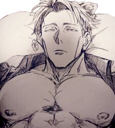Rule 34 | 1boy, abs, absurdres, collarbone, collared shirt, highres, jujutsu kaisen, looking at viewer, male focus, muscular, muscular male, nanami kento, nekonii, nipples, open clothes, shirt, short hair, sketch, solo, translation request