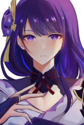Rule 34 | 1girl, absurdres, armor, blush, bridal gauntlets, commentary request, flower, genshin impact, hair ornament, highres, japanese clothes, kimono, long hair, looking at viewer, mole, mole under eye, nail polish, obiage, open mouth, parted lips, purple eyes, purple flower, purple hair, purple nails, raiden shogun, ribbon, shoulder armor, simple background, solo, tassel, ukiyoi, white background