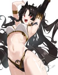Rule 34 | 1girl, 7gao, :d, absurdres, armlet, armpits, arms up, bikini, black gloves, black hair, black ribbon, breasts, curvy, earrings, elbow gloves, fate/grand order, fate (series), gloves, gold trim, hair ribbon, highleg, highres, hoop earrings, ishtar (fate), jewelry, long hair, looking at viewer, mismatched bikini, navel, open mouth, parted bangs, red eyes, ribbon, shiny skin, single elbow glove, small breasts, smile, solo, swimsuit, teeth, thong, tiara, twintails, upper teeth only, white background, wide hips