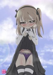 Rule 34 | 1girl, absurdres, black shirt, blonde hair, blush, breasts, brown eyes, cameltoe, clothes lift, eyebrows hidden by hair, girls und panzer, hairband, highres, lifting own clothes, lingerie, panties, purple panties, shimada arisu, shirt, skirt, skirt lift, small breasts, smile, solo, striped clothes, striped thighhighs, tears, thighhighs, underwear, yamakake (tororo1293)